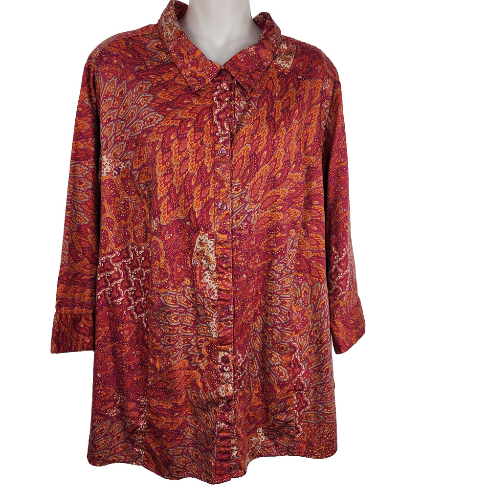 Catherines Womens Shirt 2X Pink Geometric Button Up 3/4 Sleeve Artsy Colorful